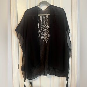 Black Sheer Embroidered Open Kimono - Women Tops